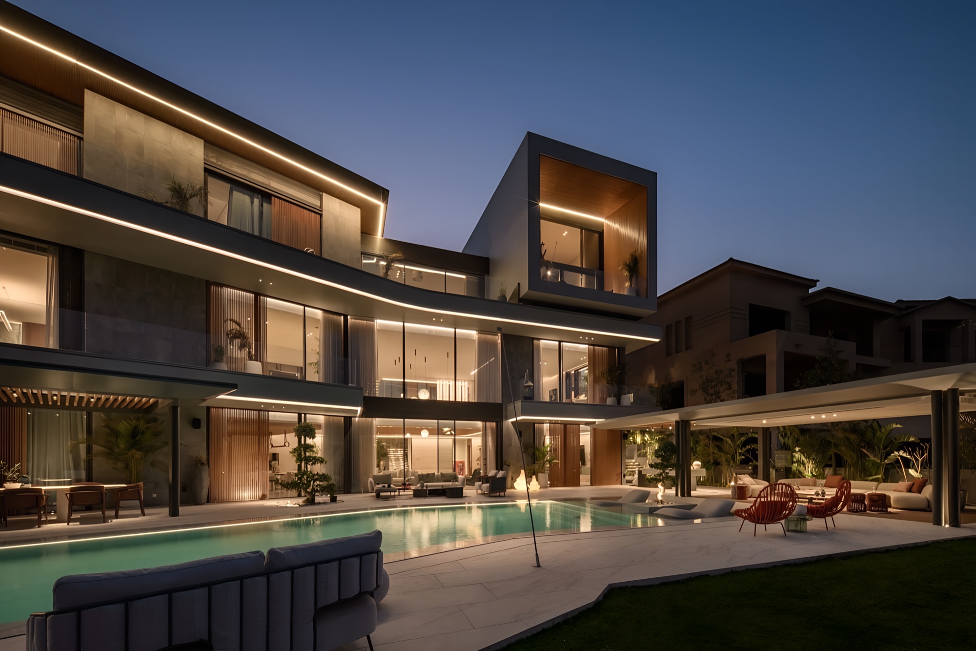 The Continuum House — Garden front at night — the pool court, terraces and lit soffits